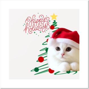 White cat in Santa Hat happy Holodays ,Brafdesign Posters and Art